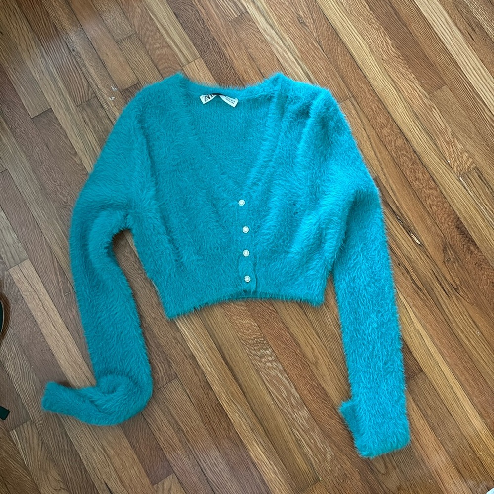 Teal long sleeve cropped shirt